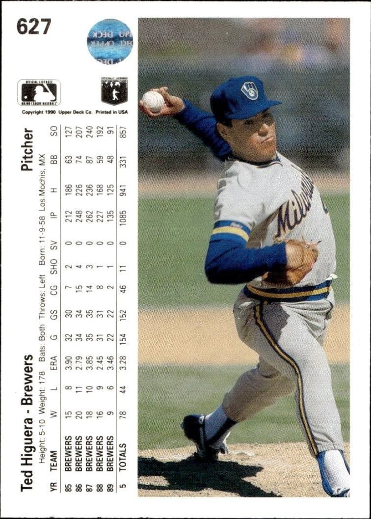 1990 Upper Deck Ted Higuera #627 baseball trading card back