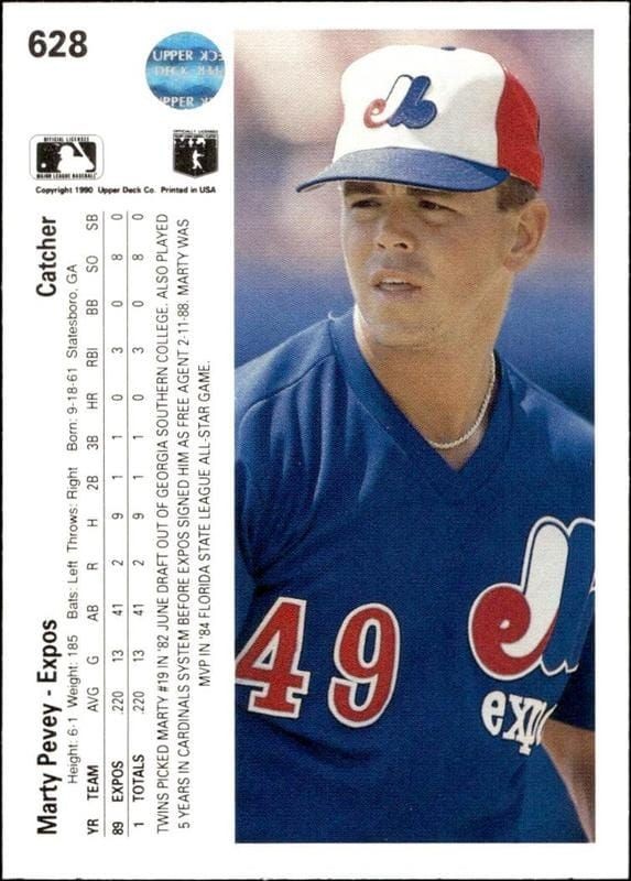 1990 Upper Deck Marty Pevey #628 baseball trading card back