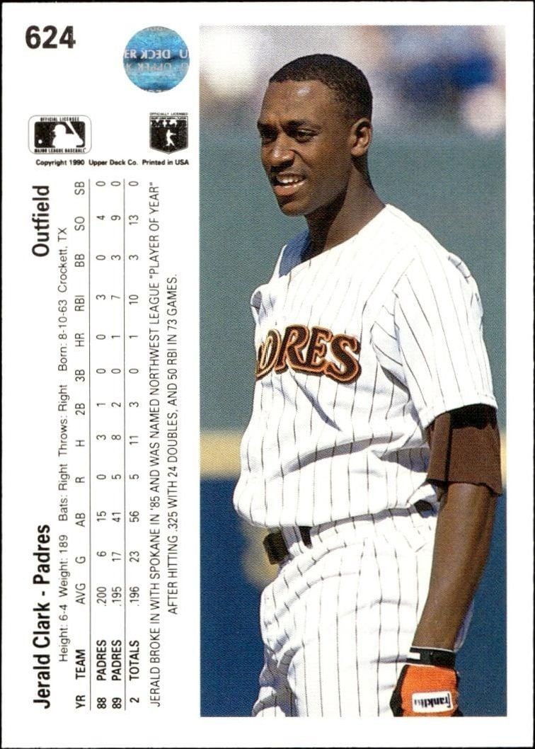 1990 Upper Deck Jerald Clark #624 baseball trading card back