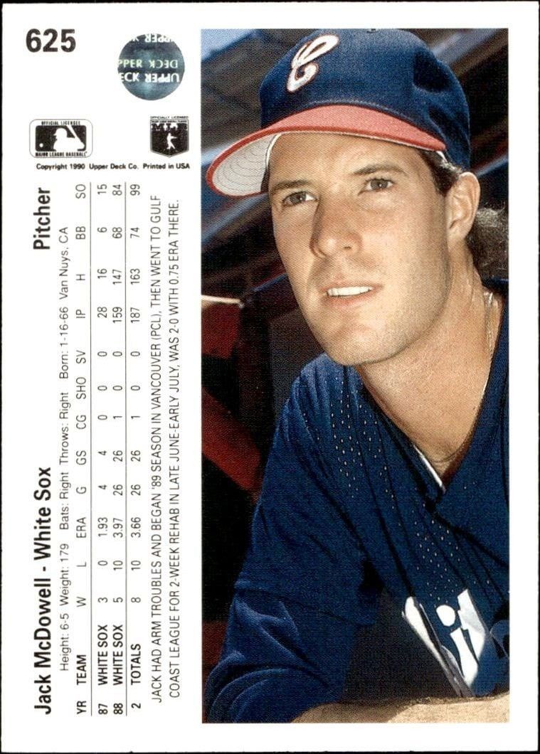 1990 Upper Deck Jack McDowell #625 baseball trading card back