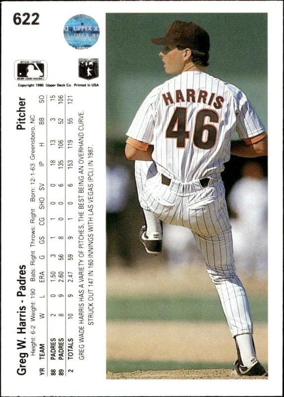 1990 Upper Deck Greg W. Harris #622 baseball trading card back