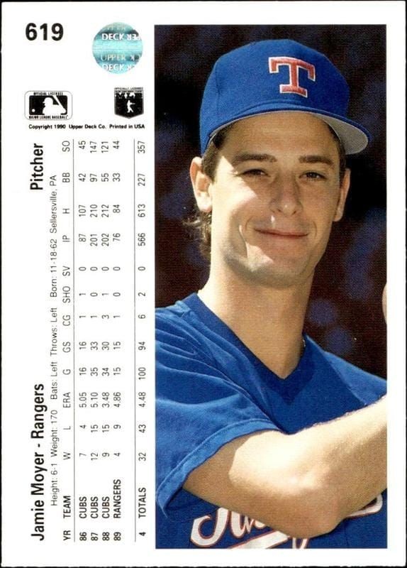 1990 Upper Deck Jamie Moyer #619 baseball trading card back