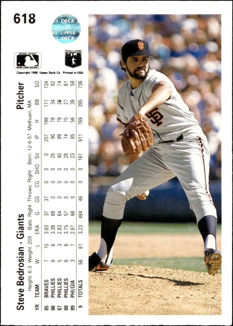 1990 Upper Deck Steve Bedrosian #618 baseball trading card back