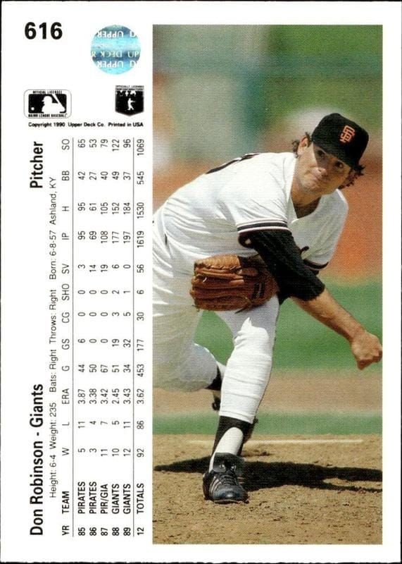 1990 Upper Deck Don Robinson #616 baseball trading card back