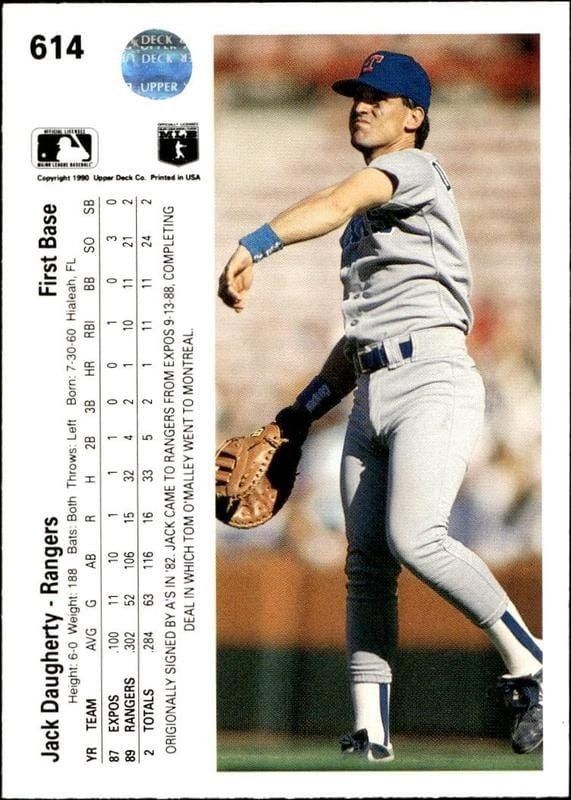 1990 Upper Deck Jack Daugherty #614 baseball trading card back