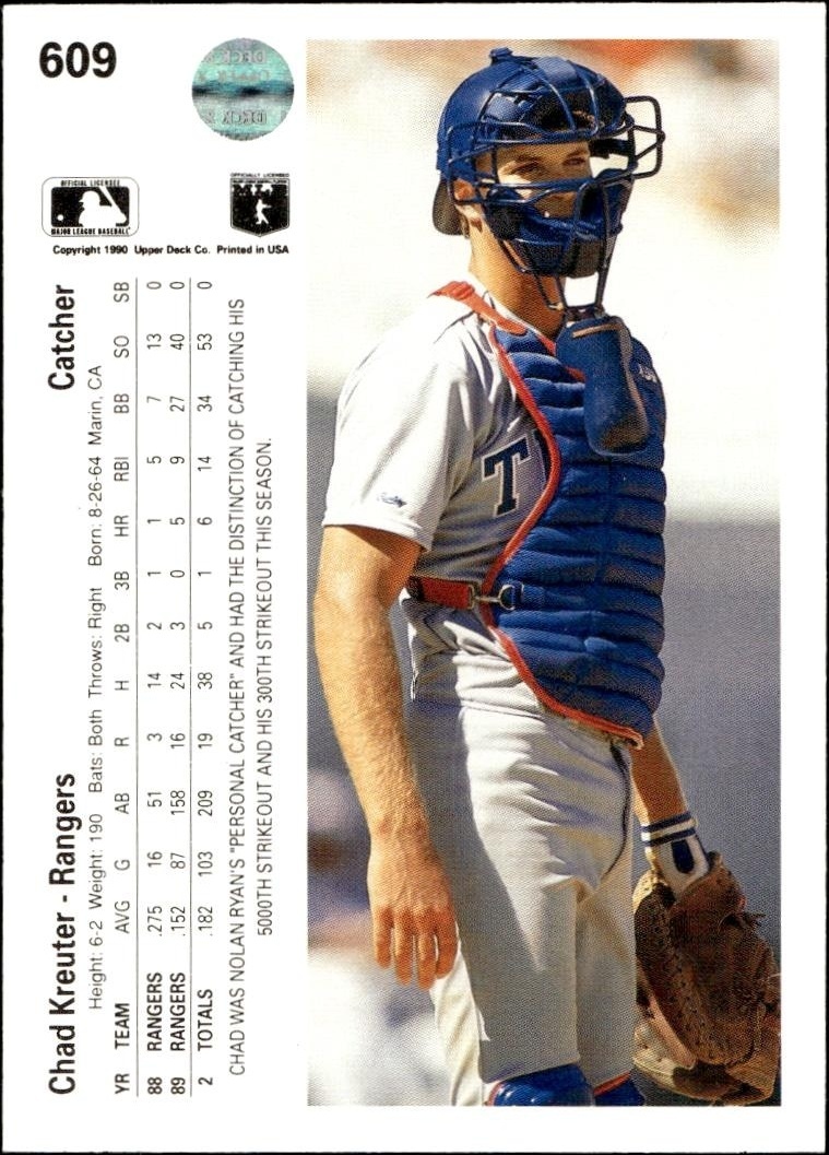 1990 Upper Deck Chad Kreuter #609 baseball trading card back