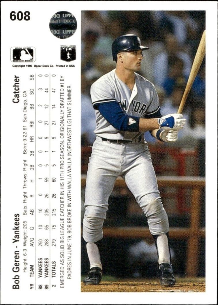 1990 Upper Deck Bob Geren #608 baseball trading card back