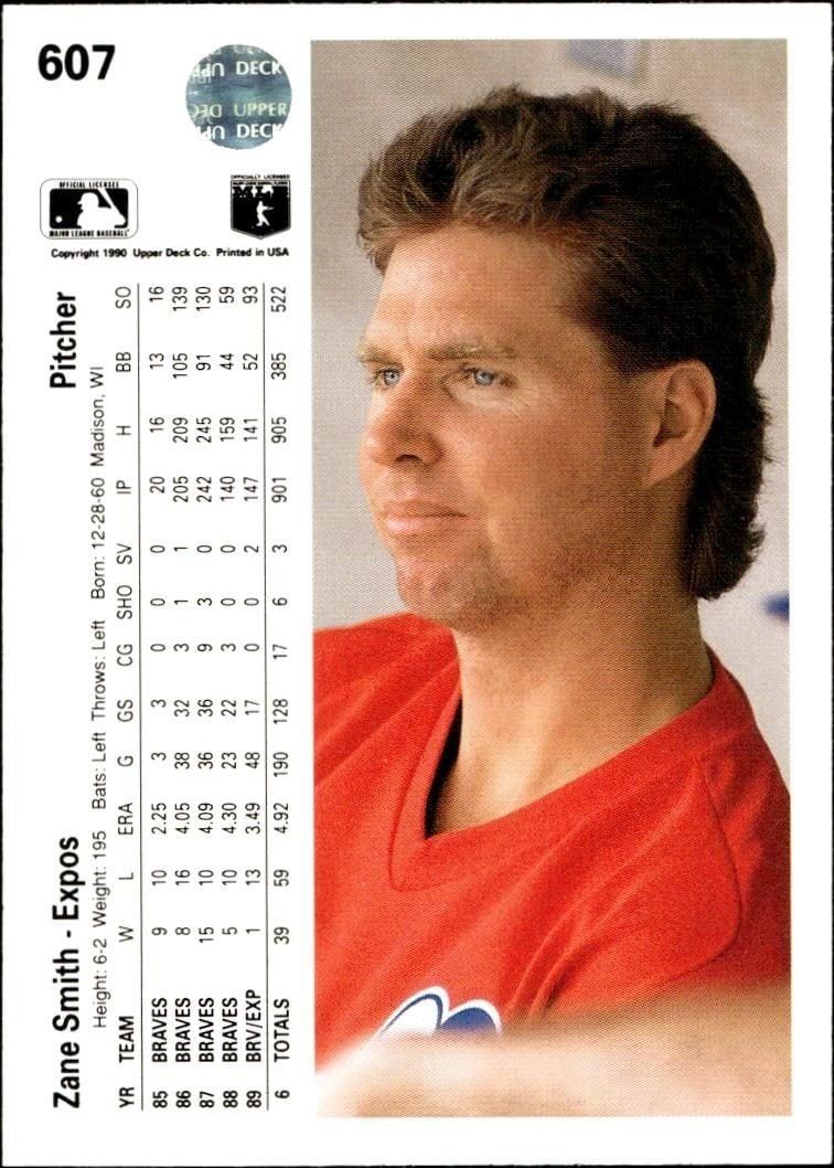 1990 Upper Deck Zane Smith #607 baseball trading card back