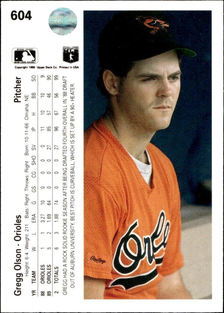 1990 Upper Deck Gregg Olson #604 baseball trading card back