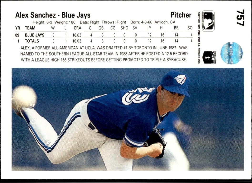 1990 Upper Deck Alex Sanchez #757 baseball trading card back