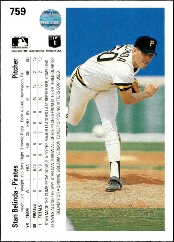 1990 Upper Deck Stan Belinda #759 baseball trading card back
