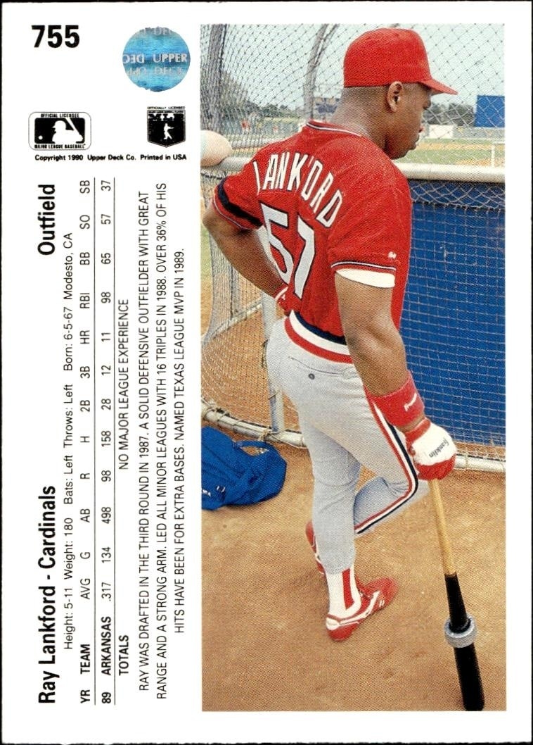 1990 Upper Deck Ray Lankford #755 baseball trading card back
