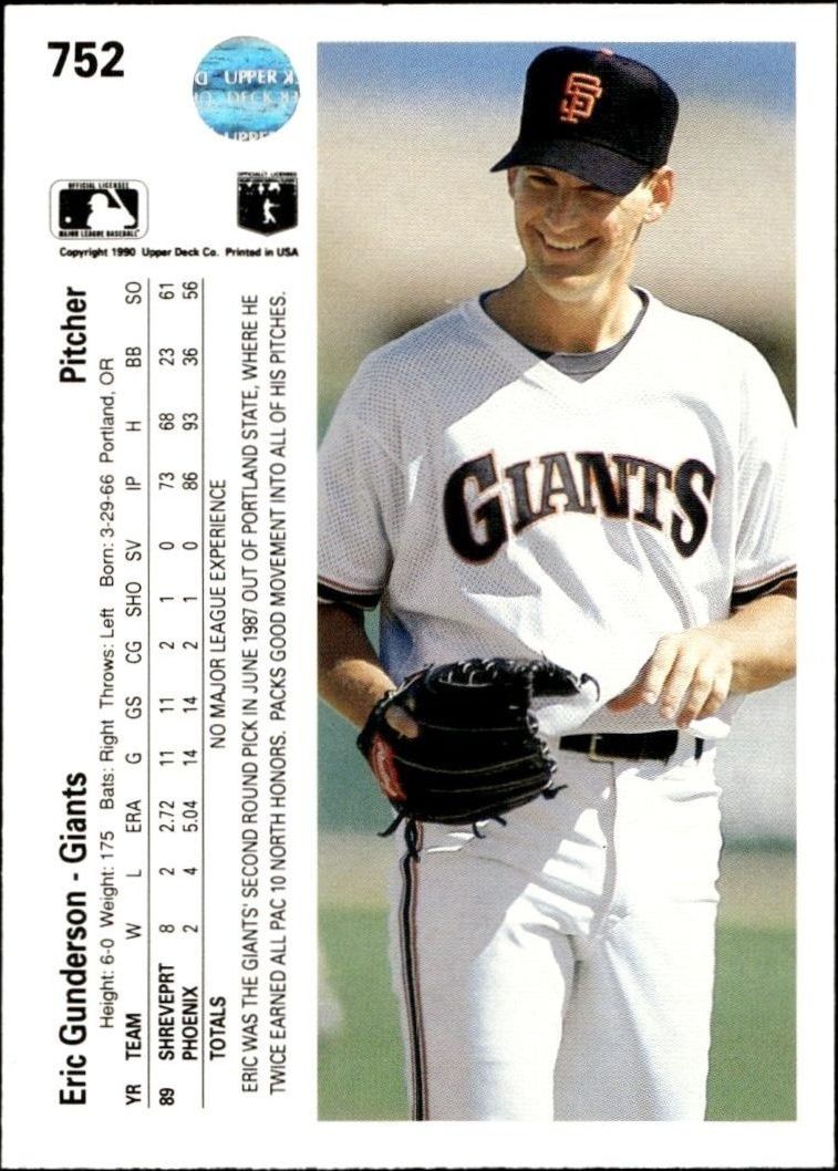 1990 Upper Deck Eric Gunderson #752 baseball trading card back