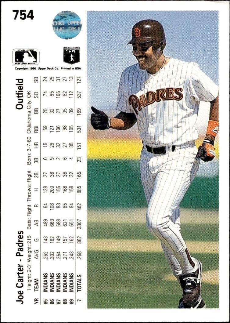 1990 Upper Deck Joe Carter #754 baseball trading card back