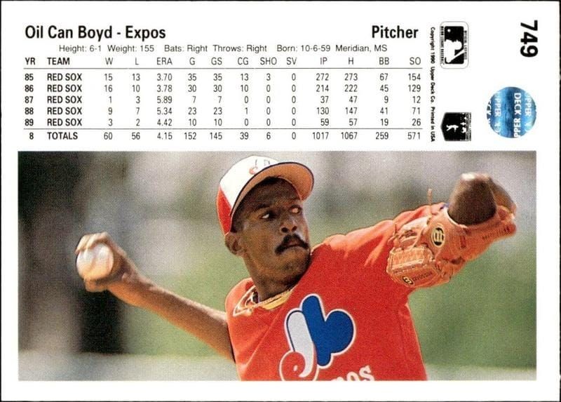 1990 Upper Deck Oil Can Boyd #749 baseball trading card back