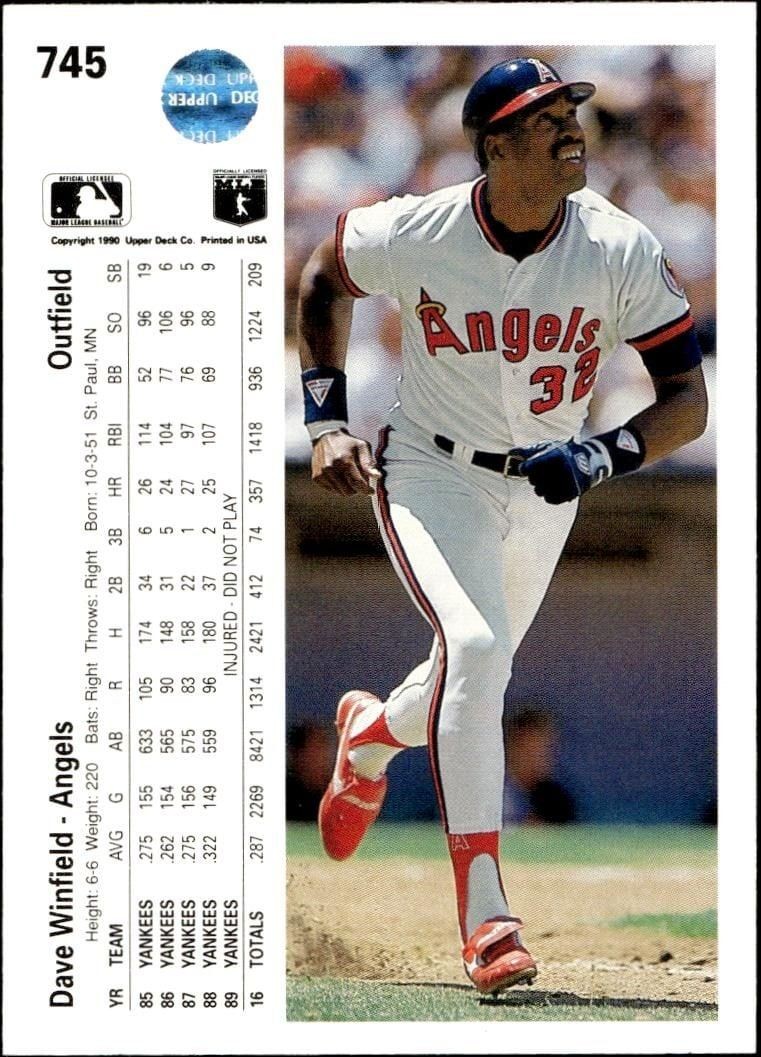 1990 Upper Deck Dave Winfield #745 baseball trading card back