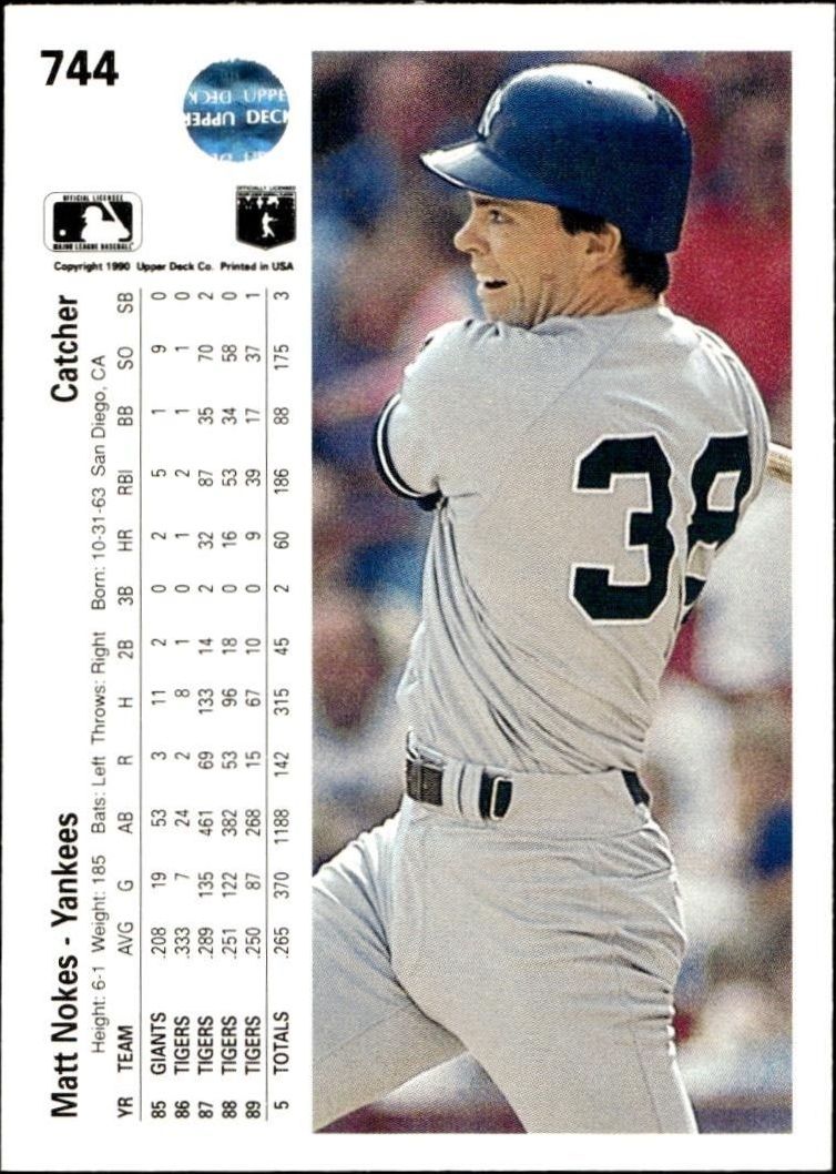 1990 Upper Deck Matt Nokes #744 baseball trading card back
