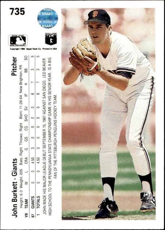 1990 Upper Deck John Burkett #735 baseball trading card back