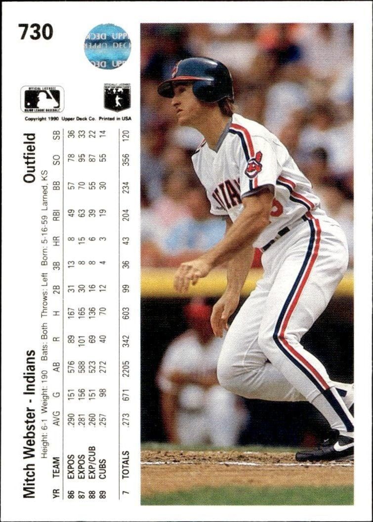 1990 Upper Deck Mitch Webster #730 baseball trading card back