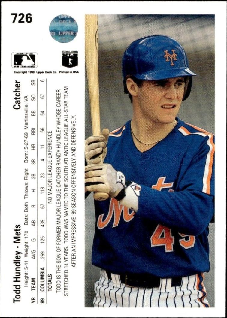 1990 Upper Deck Todd Hundley #726 baseball trading card back