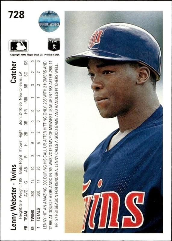 1990 Upper Deck Lenny Webster #728 baseball trading card back