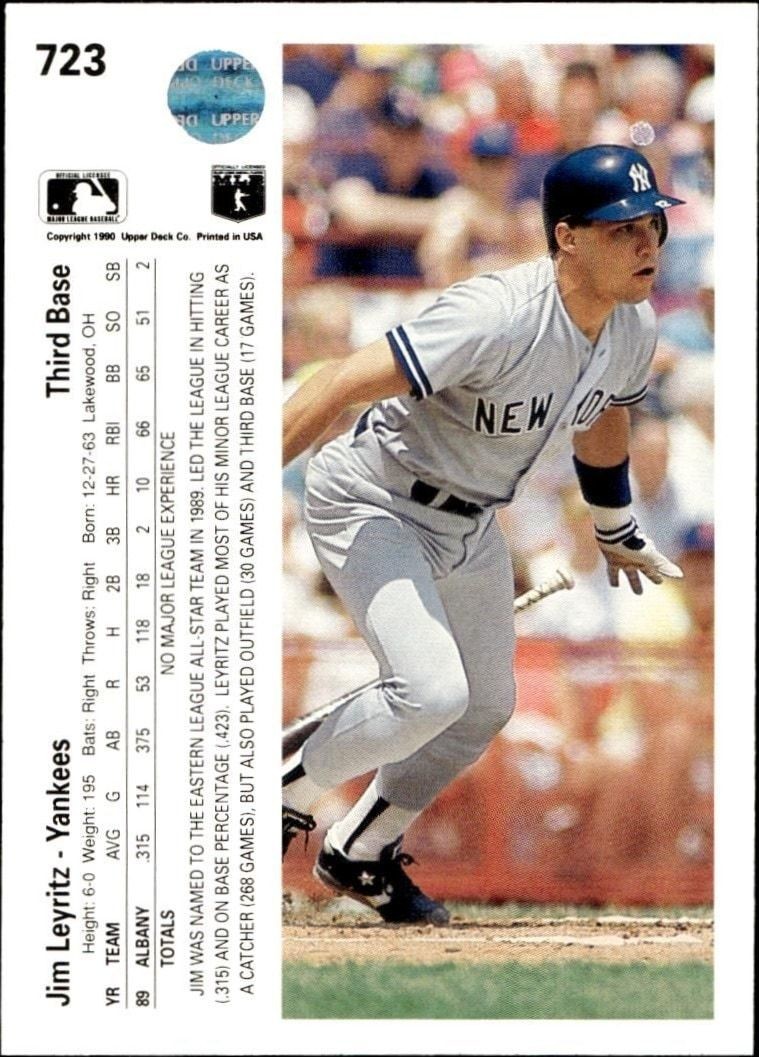1990 Upper Deck Jim Leyritz #723 baseball trading card back
