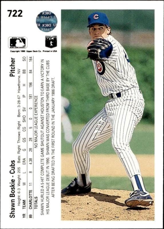 1990 Upper Deck Shawn Boskie #722 baseball trading card back