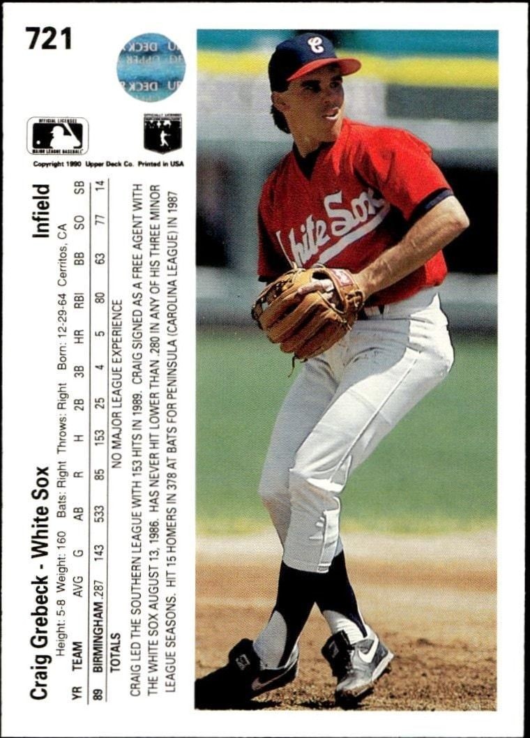 1990 Upper Deck Craig Grebeck #721 baseball trading card back