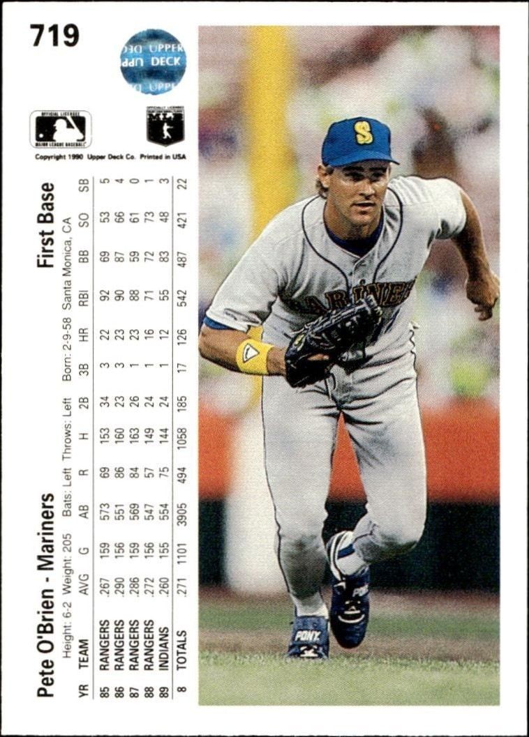 1990 Upper Deck Pete O'Brien #719 baseball trading card back