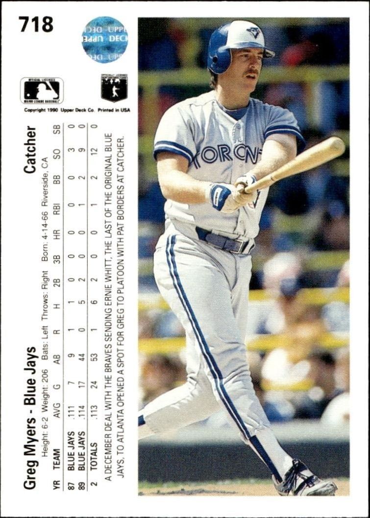 1990 Upper Deck Greg Myers #718 baseball trading card back