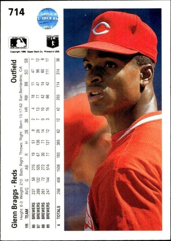 1990 Upper Deck Glenn Braggs #714 baseball trading card back
