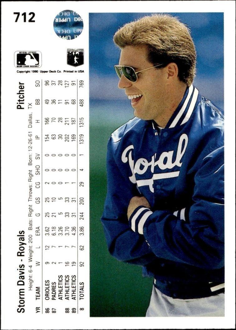 1990 Upper Deck Storm Davis #712 baseball trading card back