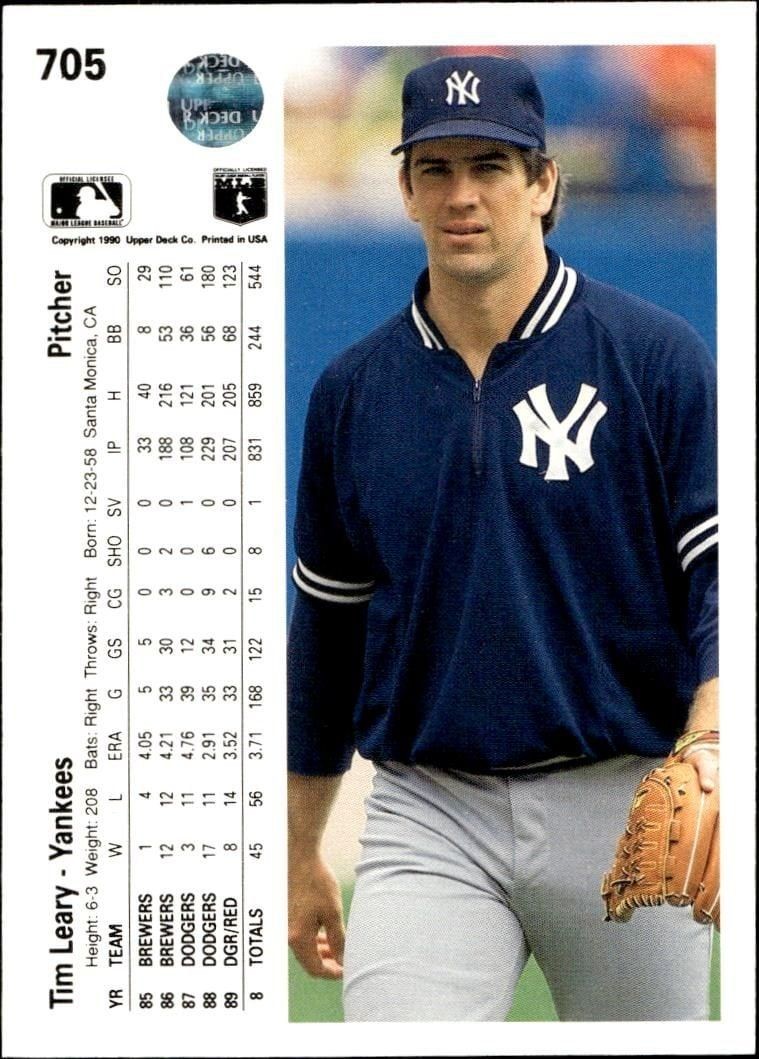 1990 Upper Deck Tim Leary #705 baseball trading card back