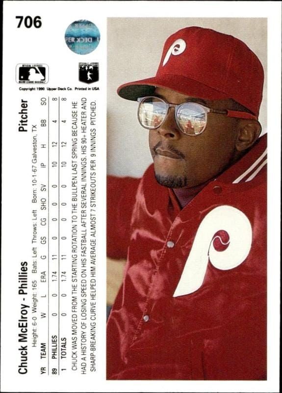 1990 Upper Deck Chuck McElroy #706 baseball trading card back