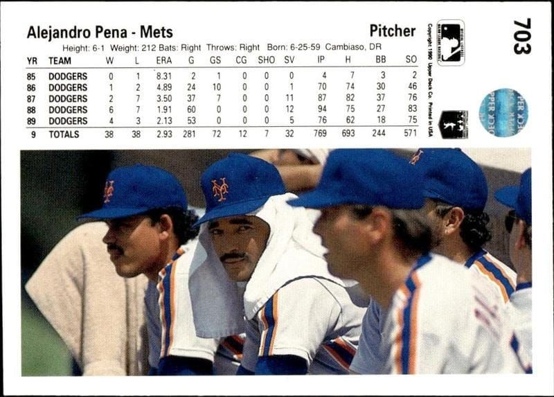 1990 Upper Deck Alejandro Pena #703 baseball trading card back