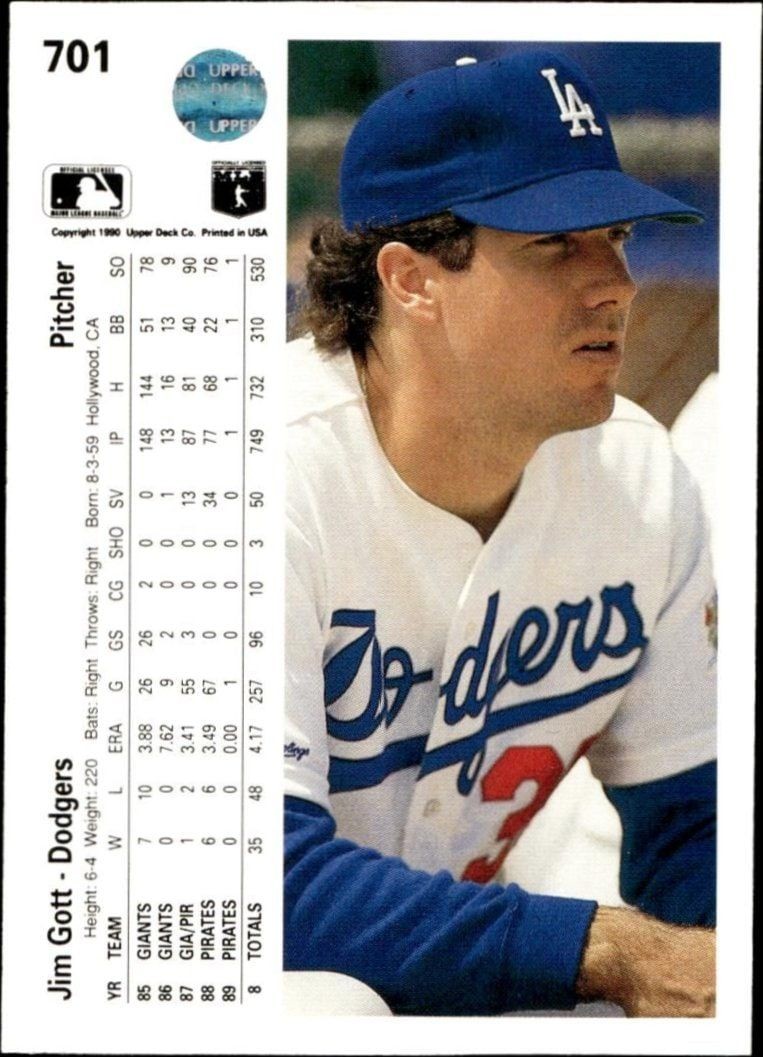 1990 Upper Deck Jim Gott #701 baseball trading card back