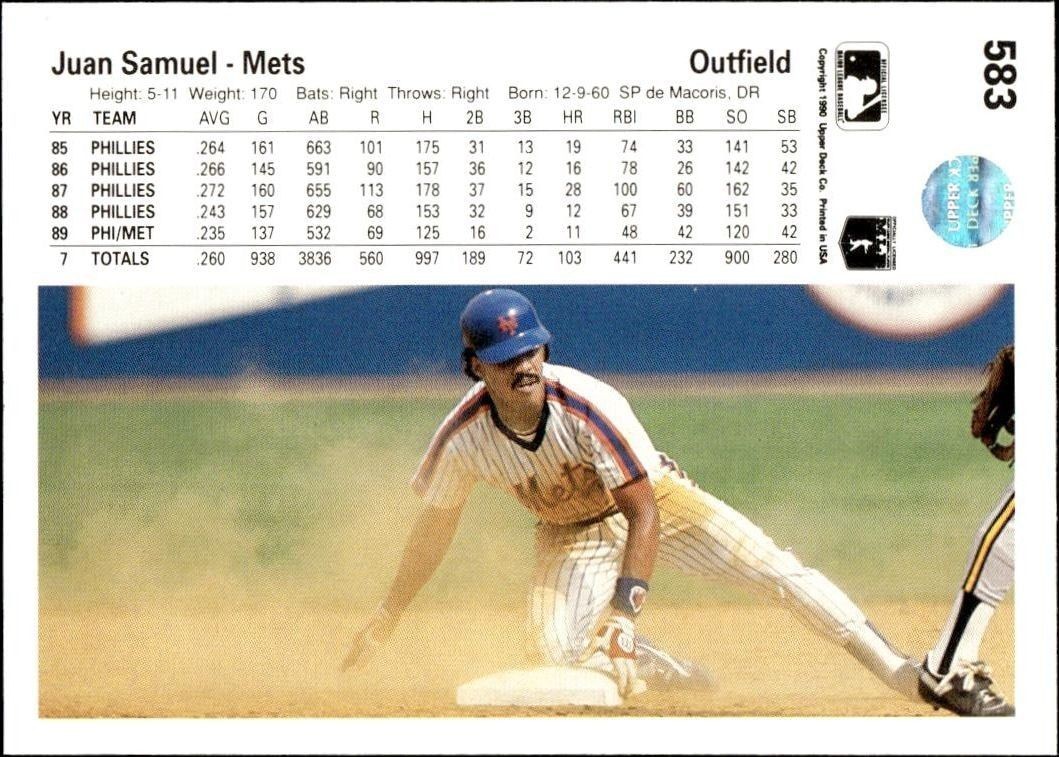 1990 Upper Deck Juan Samuel #583 baseball trading card back