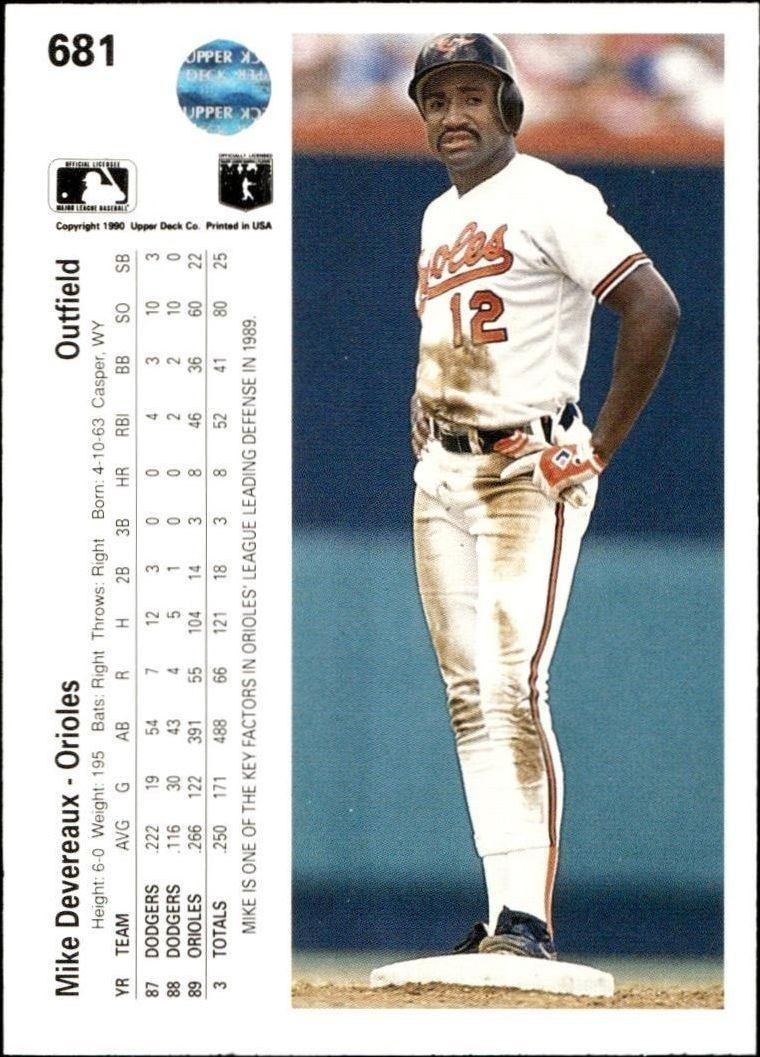 1990 Upper Deck Mike Devereaux #681 baseball trading card back