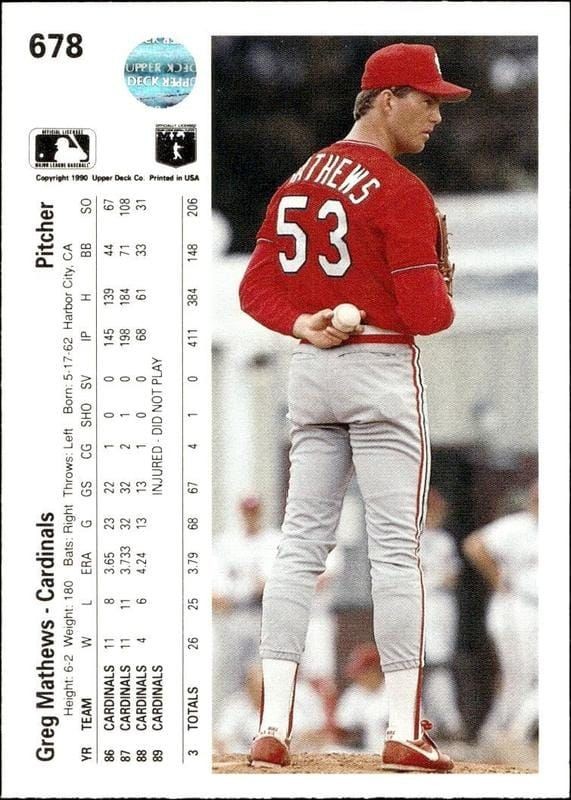 1990 Upper Deck Greg Mathews #678 baseball trading card back