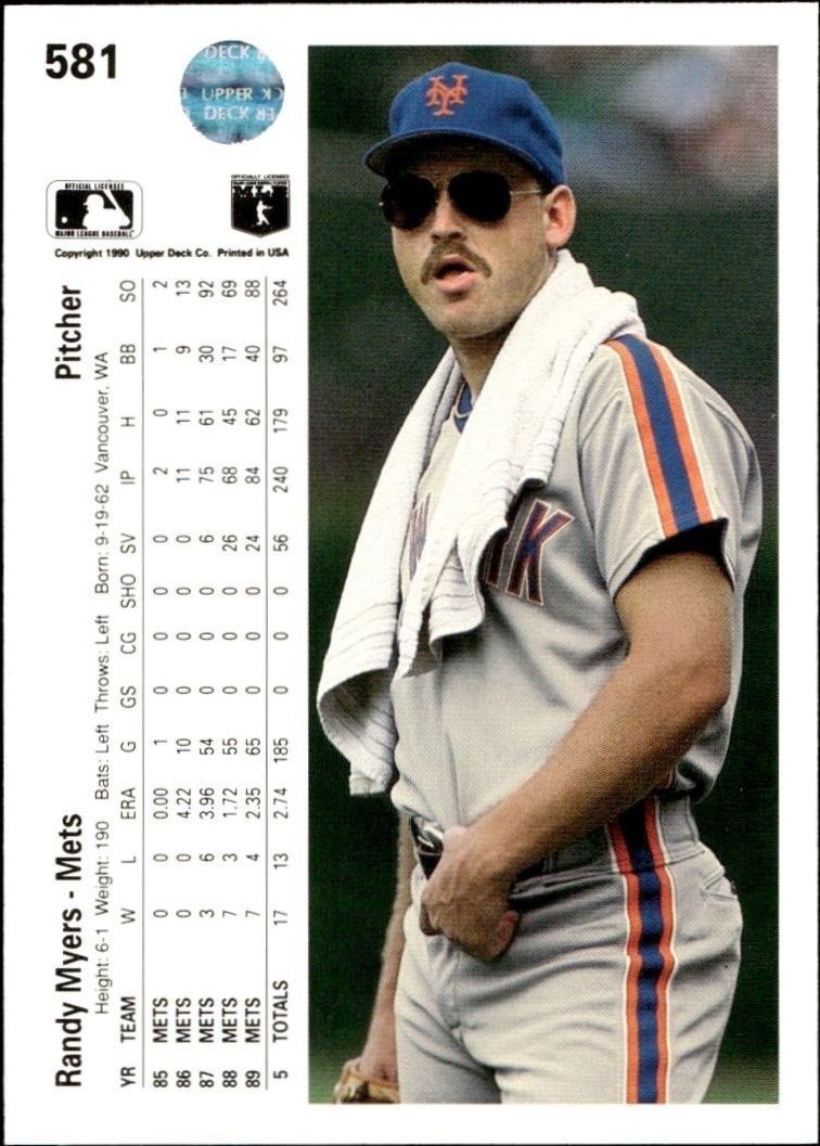 1990 Upper Deck Randy Myers #581 baseball trading card back