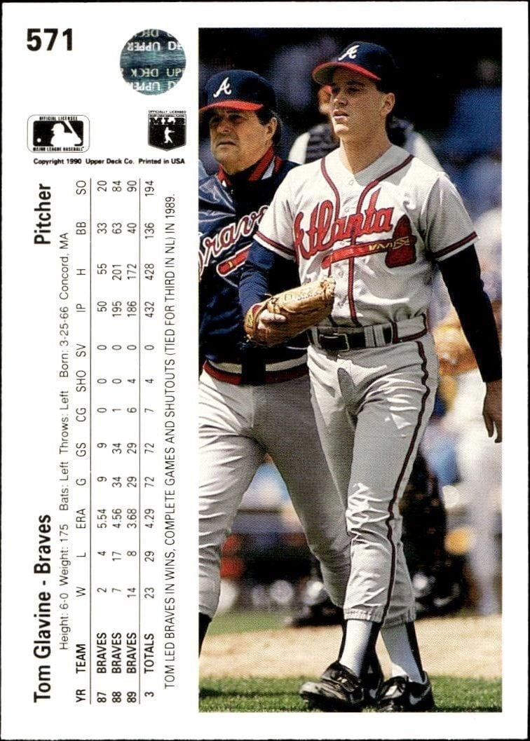 1990 Upper Deck Tom Glavine #571 baseball trading card back