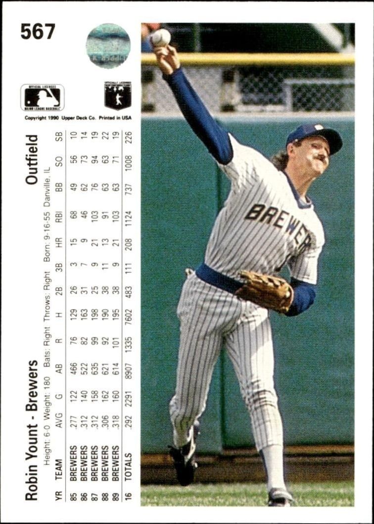 1990 Upper Deck Robin Yount #567 baseball trading card back