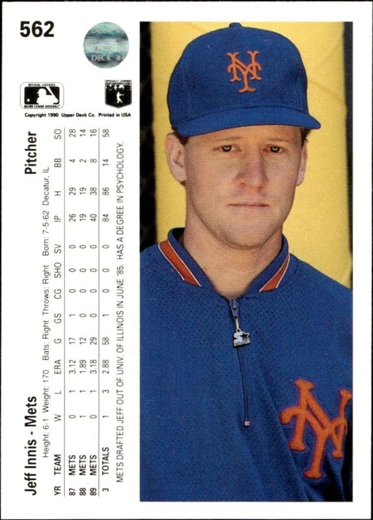 1990 Upper Deck Jeff Innis #562 baseball trading card back