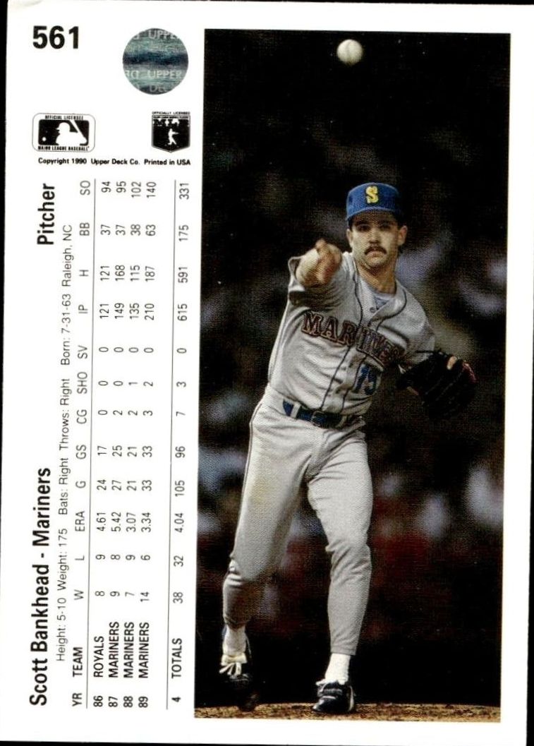 1990 Upper Deck Scott Bankhead #561 baseball trading card back