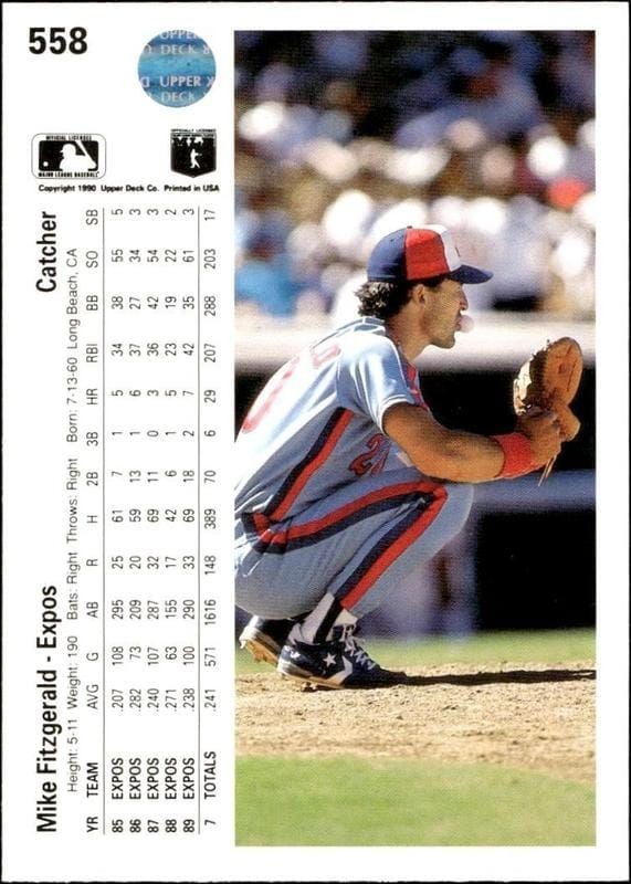 1990 Upper Deck Mike Fitzgerald #558 baseball trading card back