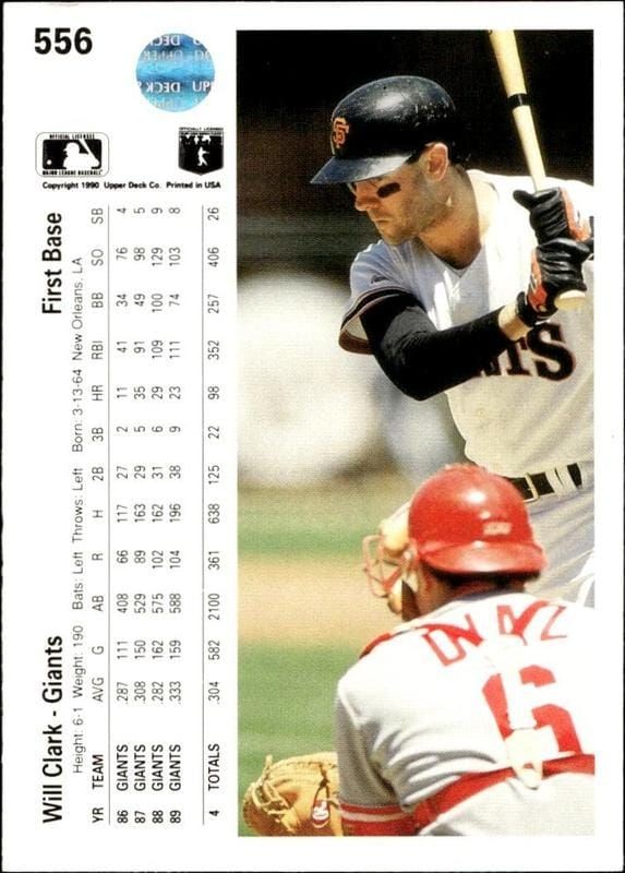 1990 Upper Deck Will Clark #556 baseball trading card back