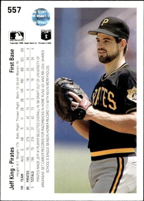1990 Upper Deck Jeff King #557 baseball trading card back