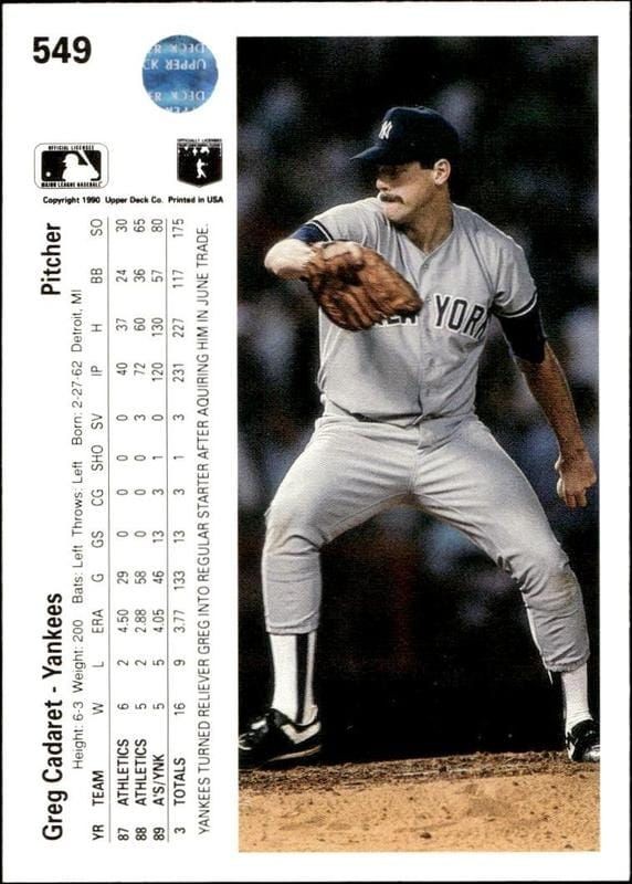 1990 Upper Deck Greg Cadaret #549 baseball trading card back