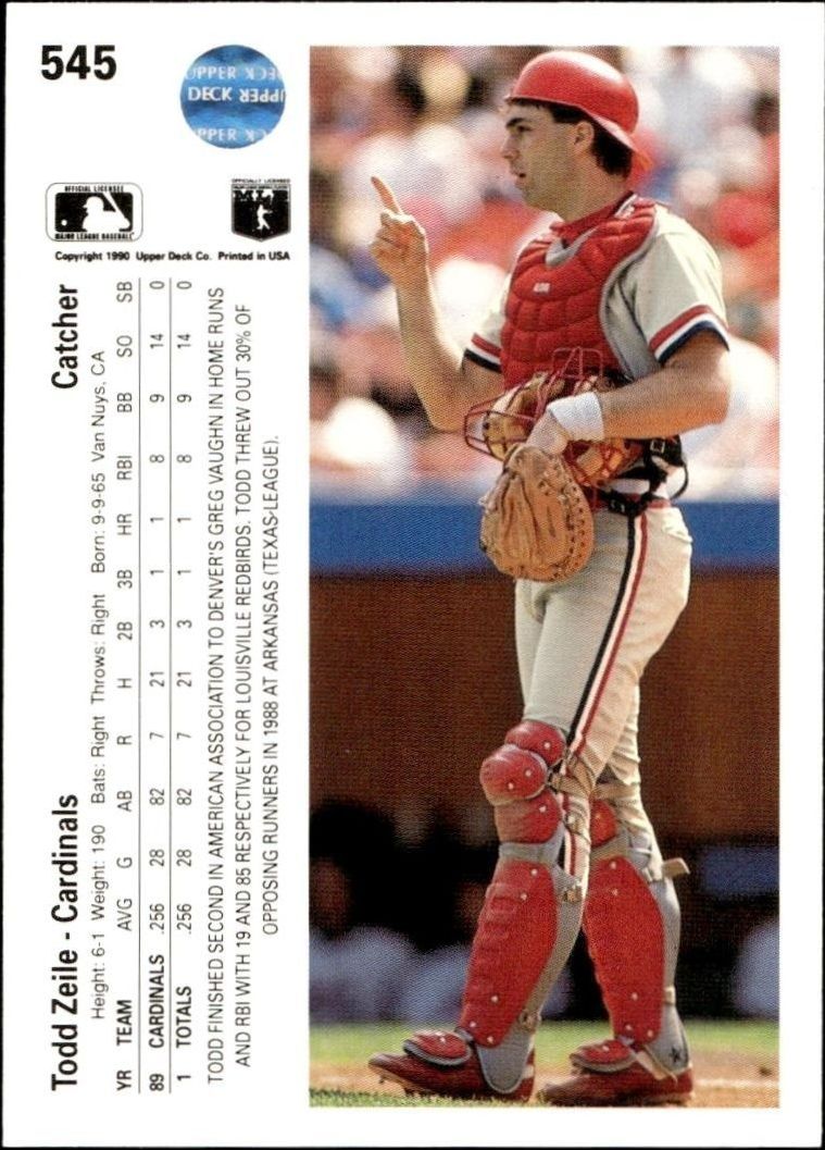 1990 Upper Deck Todd Zeile #545 baseball trading card back