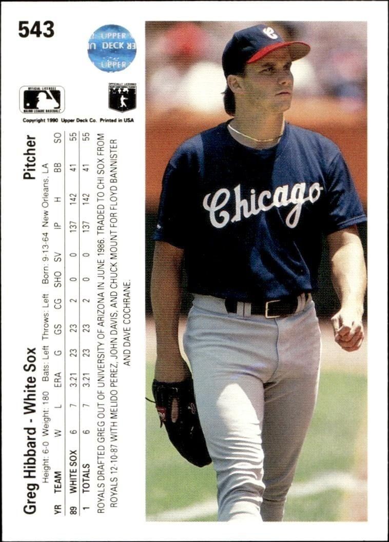 1990 Upper Deck Greg Hibbard #543 baseball trading card back